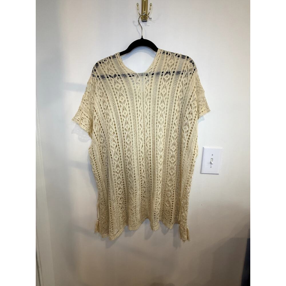 Boho Crochet Knit Poncho Top Cream Lace Open Knit Festival Cover Up Size Large